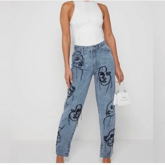 Maniere De Voir Denim - Line Art Mom Jeans - Mid Blue